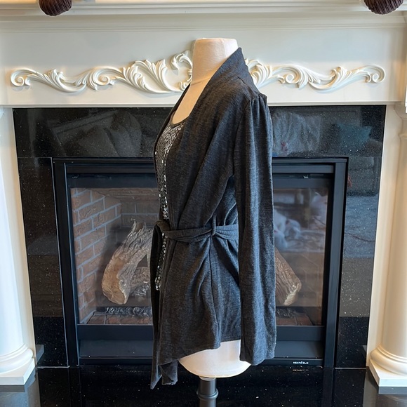 Sequin Top Tank Knit Long Sleeve Belted Charcoal Gray Womens Medium Tie Belt - Picture 11 of 16